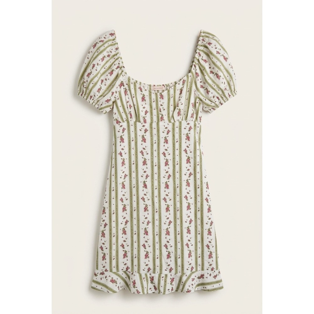 Floral Stripe Puff Sleeve Smocked Mini Dress White L Cottagecore Twee Dainty